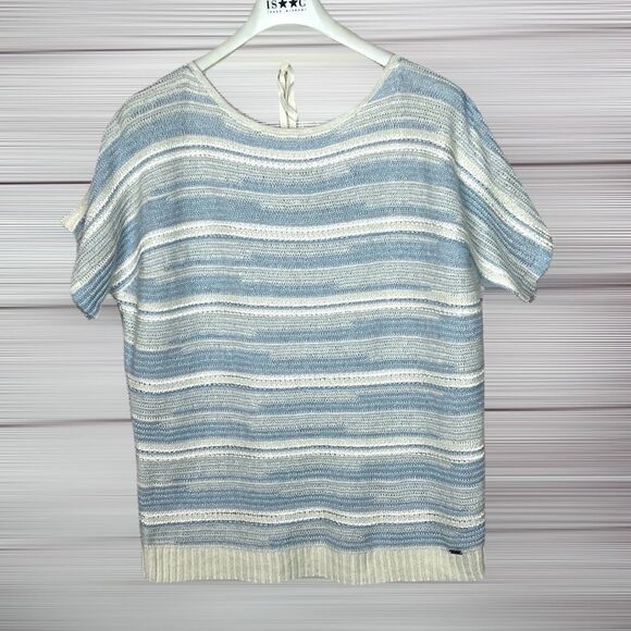 St. John Cashmere Linen Striped V Back Short Sleeves Sweater Top - Picture 4 of 14